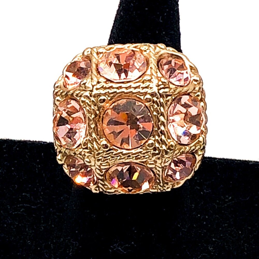 Gold Tone Pink Rhinestone Dome Statement Cocktail Ring